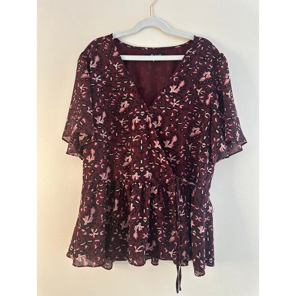 Madewell Georgette Flutter-Sleeve Peplum Paisley Dark Purple Faux Wrap Blouse XS - Picture 4 of 7